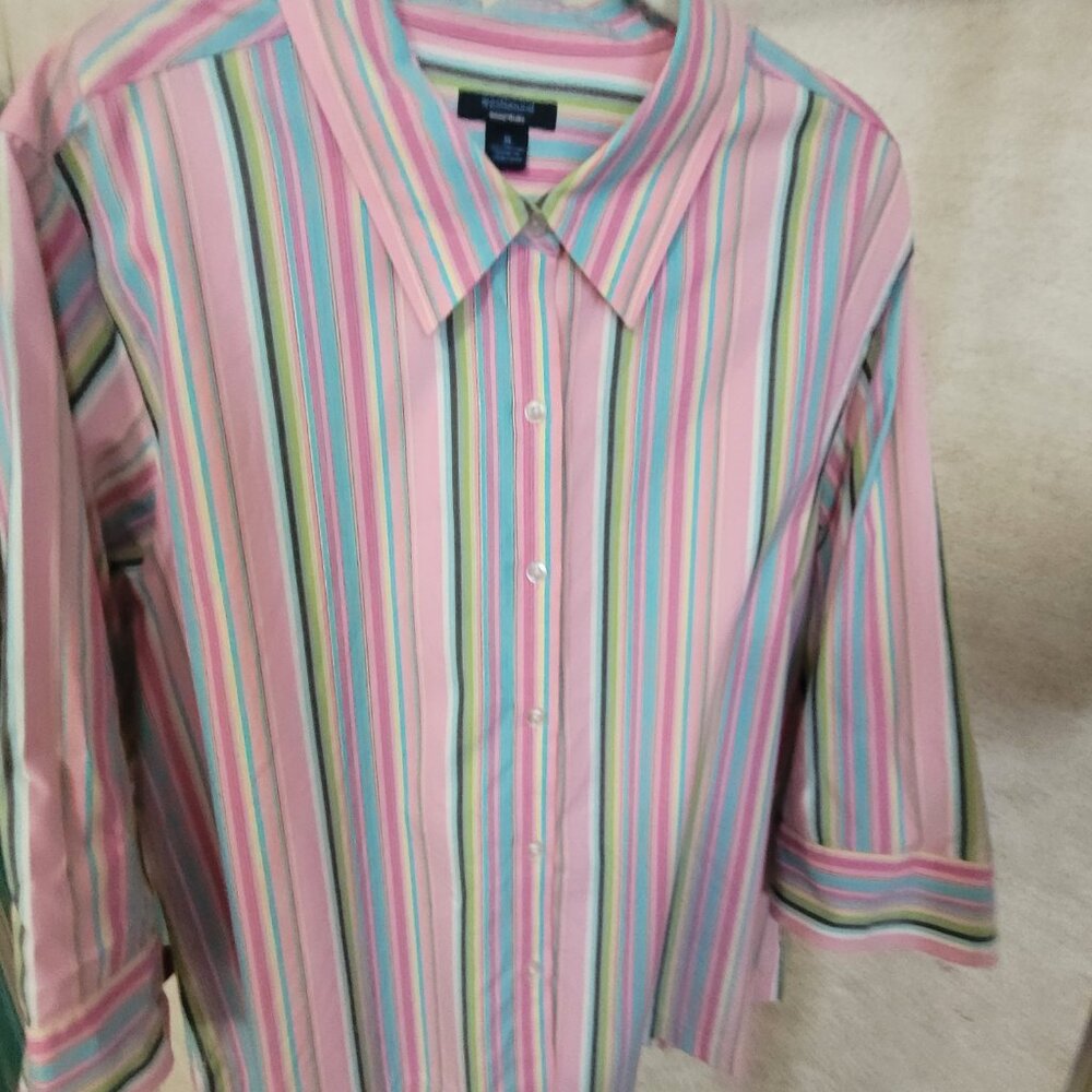 Blue Pink Green Pinstripe Shirt Multicolor Blouse Westbound Size XL